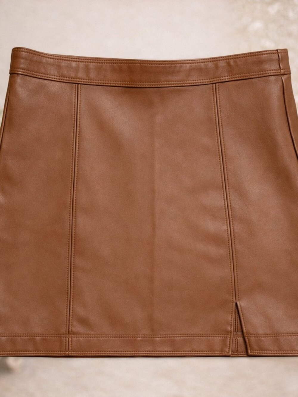 Brown Faux Leather Mini Skirt Structured Seams Boutique Capsule Sleek Neutral
